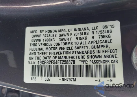 2015 Honda Civic Lx z USA, uszkodzony, nr VIN 19XFB2F54FE258878